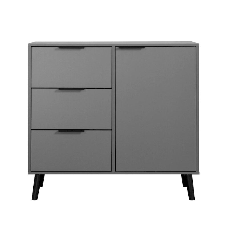 Mid-Century Modern Storage Cabinet with 3 Drawers, Door & Adjustable Shelf – Natural Wood & Gray