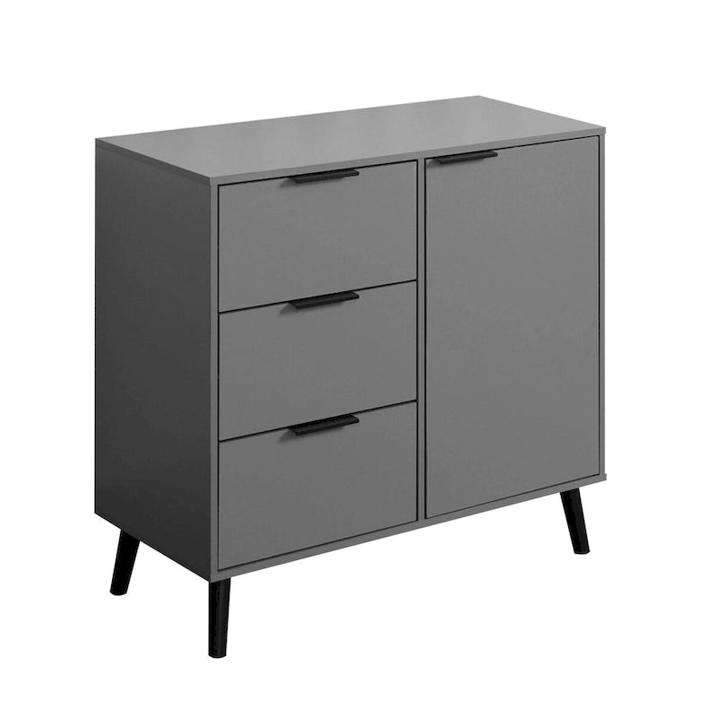 Mid-Century Modern Storage Cabinet with 3 Drawers, Door & Adjustable Shelf – Natural Wood & Gray