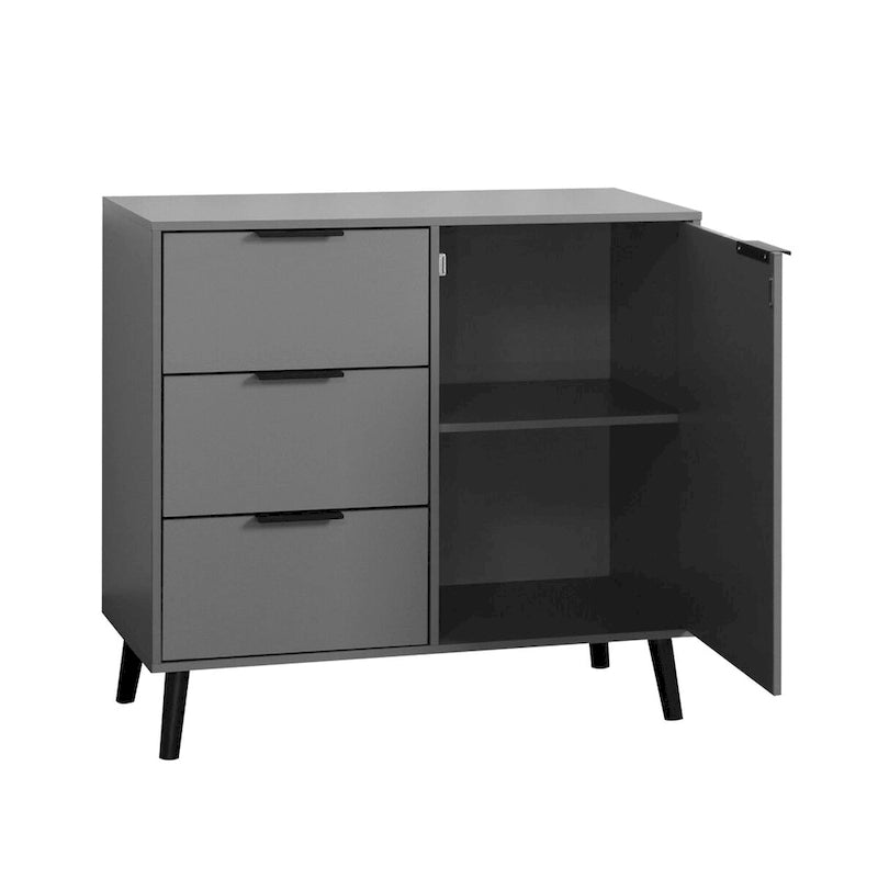 Mid-Century Modern Storage Cabinet with 3 Drawers, Door & Adjustable Shelf – Natural Wood & Gray