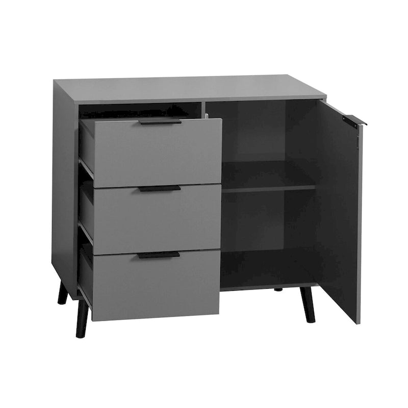 Mid-Century Modern Storage Cabinet with 3 Drawers, Door & Adjustable Shelf – Natural Wood & Gray
