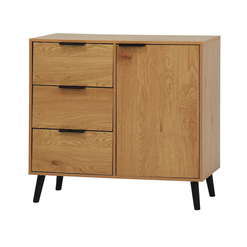 Mid-Century Modern Storage Cabinet with 3 Drawers, Door & Adjustable Shelf – Natural Wood & Gray
