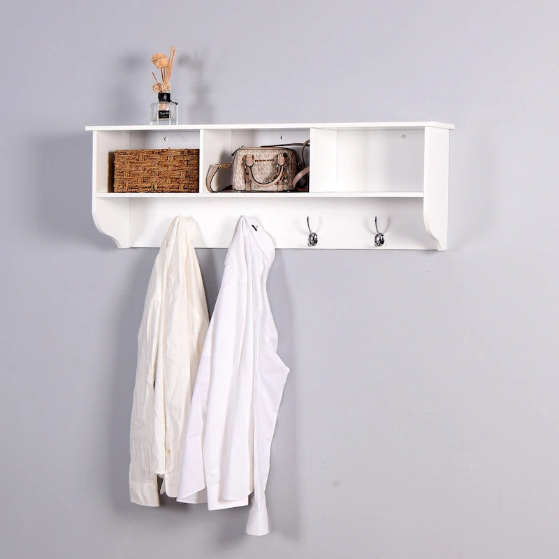 Wall Mounted Coat Rack with 8 Dual Hooks & Wooden Storage Shelf